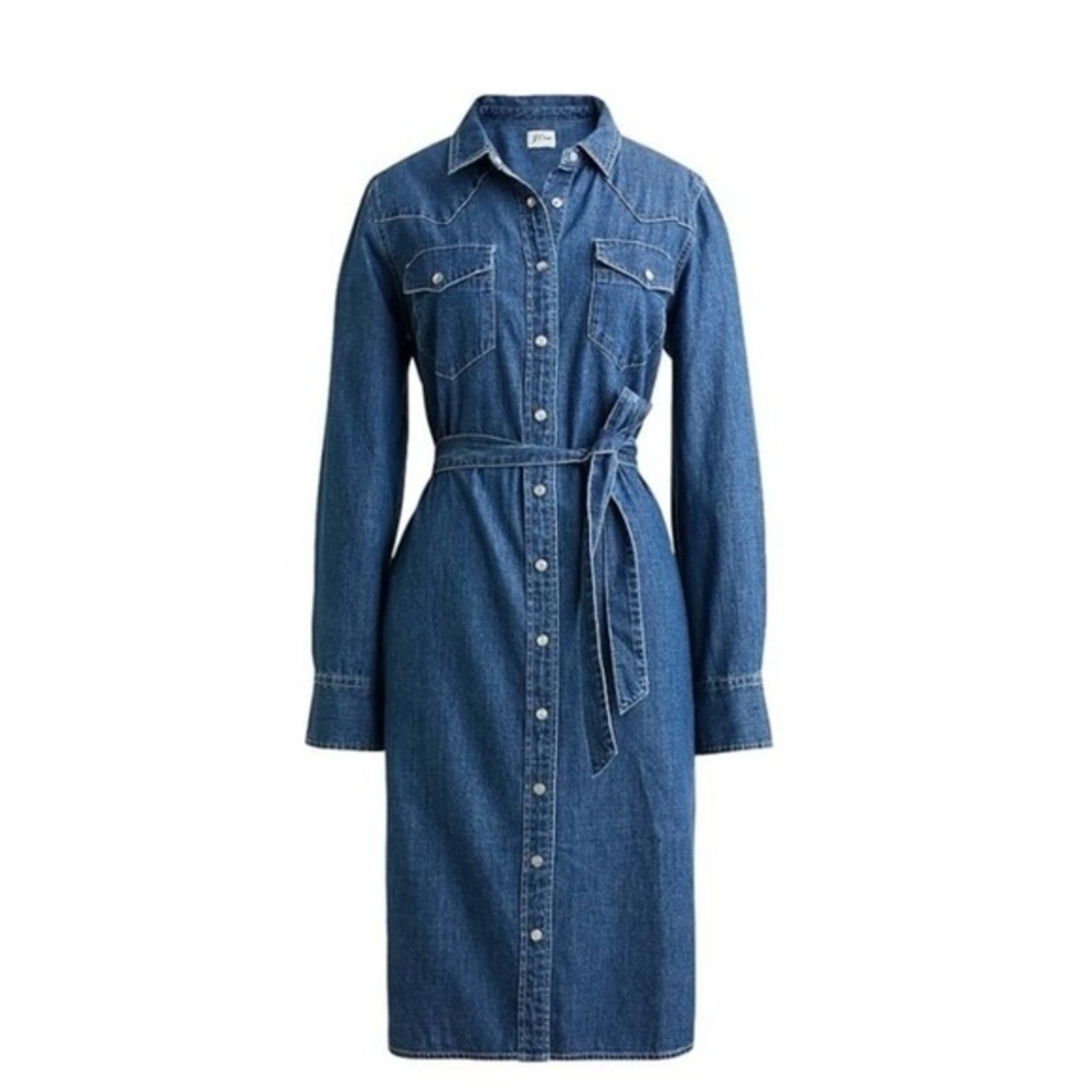 J.Crew Denim Shirt Dress Belted Western Snap Front Cotton Size 4 Style #M0535